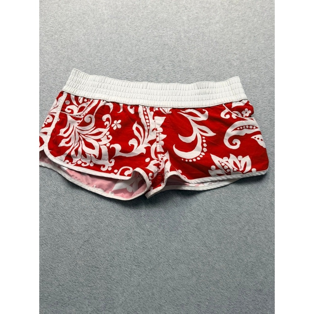 Womens Red White Hibiscus Floral Board Shorts Smocked Waist Beach Swim Shorts
